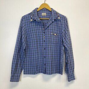 Vintage Wrangler Blue Plaid Button Down With Embroidered Flowers